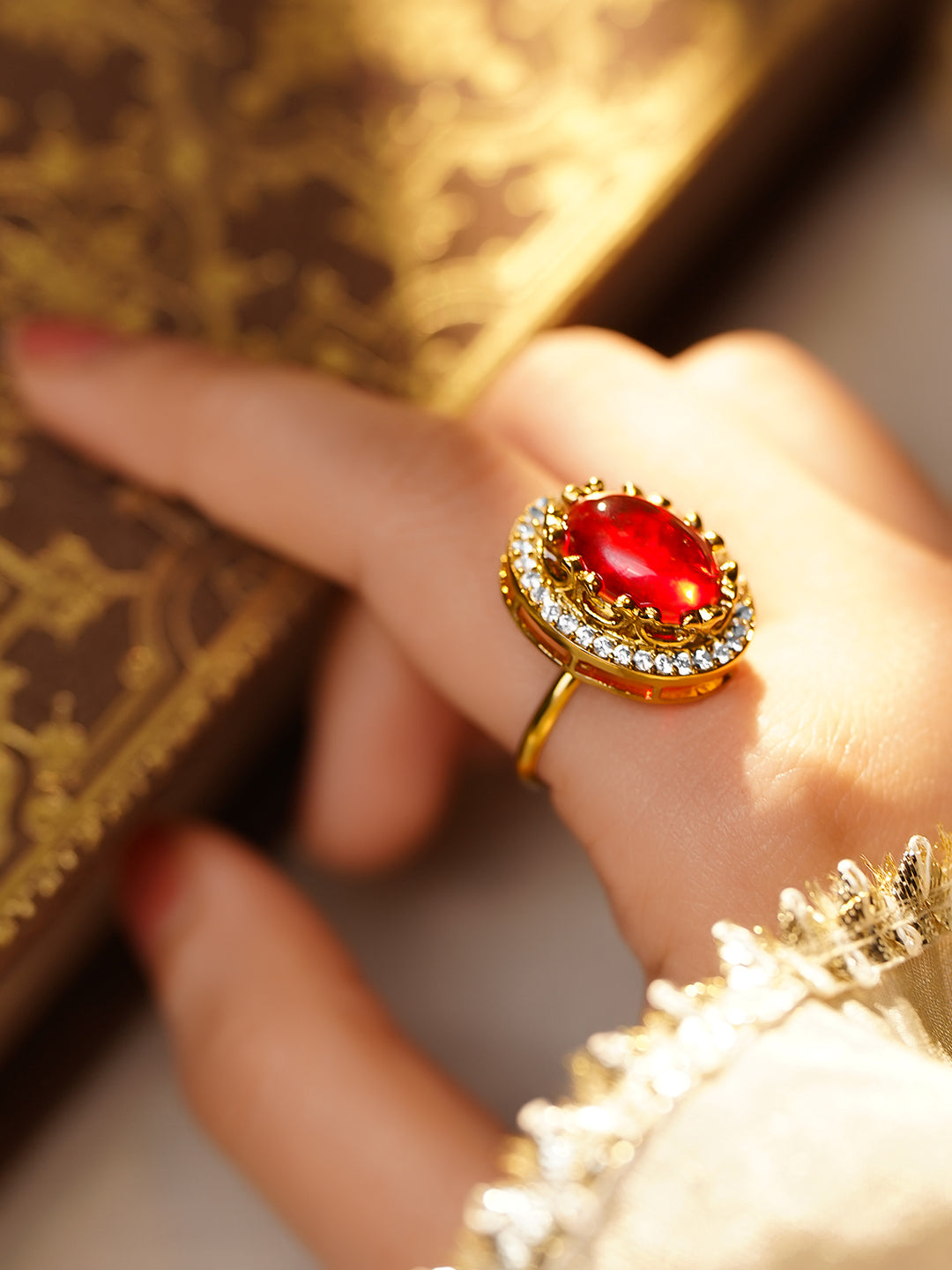 Rubans 22K Gold Plated Brass Ruby Gemstone Studded Adjustable Ring フリーサイズ
