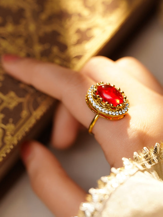 Rubans 22K Gold Plated Brass Ruby Gemstone Studded Adjustable Ring フリーサイズ