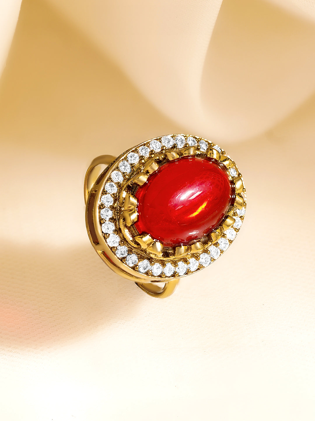 Rubans 22K Gold Plated Brass Ruby Gemstone Studded Adjustable Ring フリーサイズ