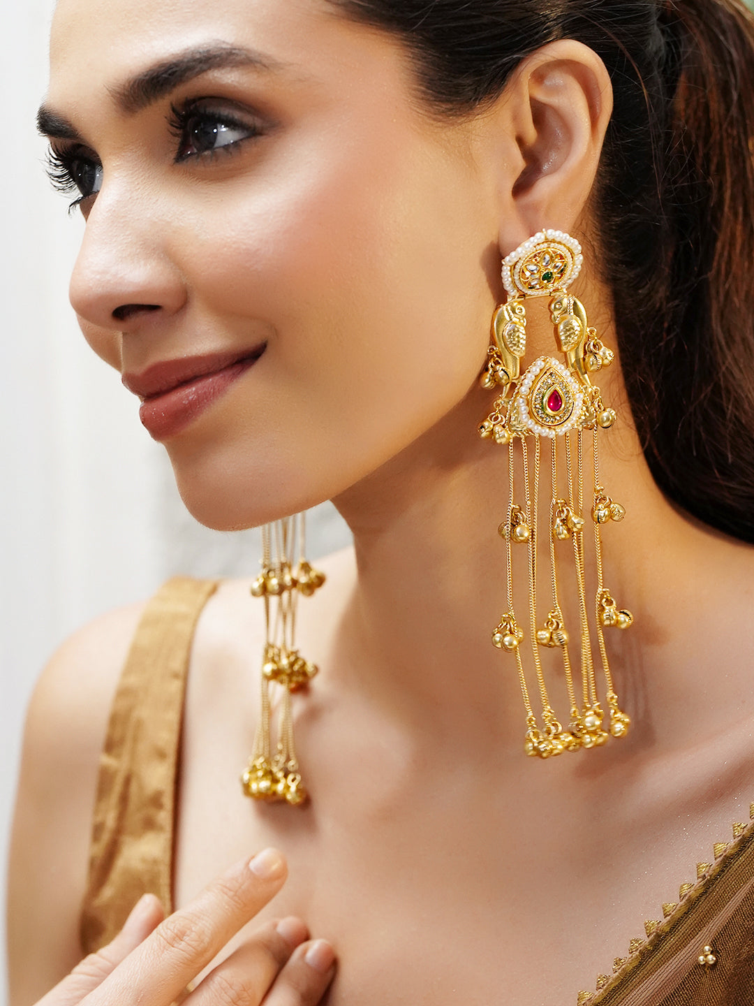 Bird Motif Gold Beaded Kashmiri Dangler Earrings フリーサイズ