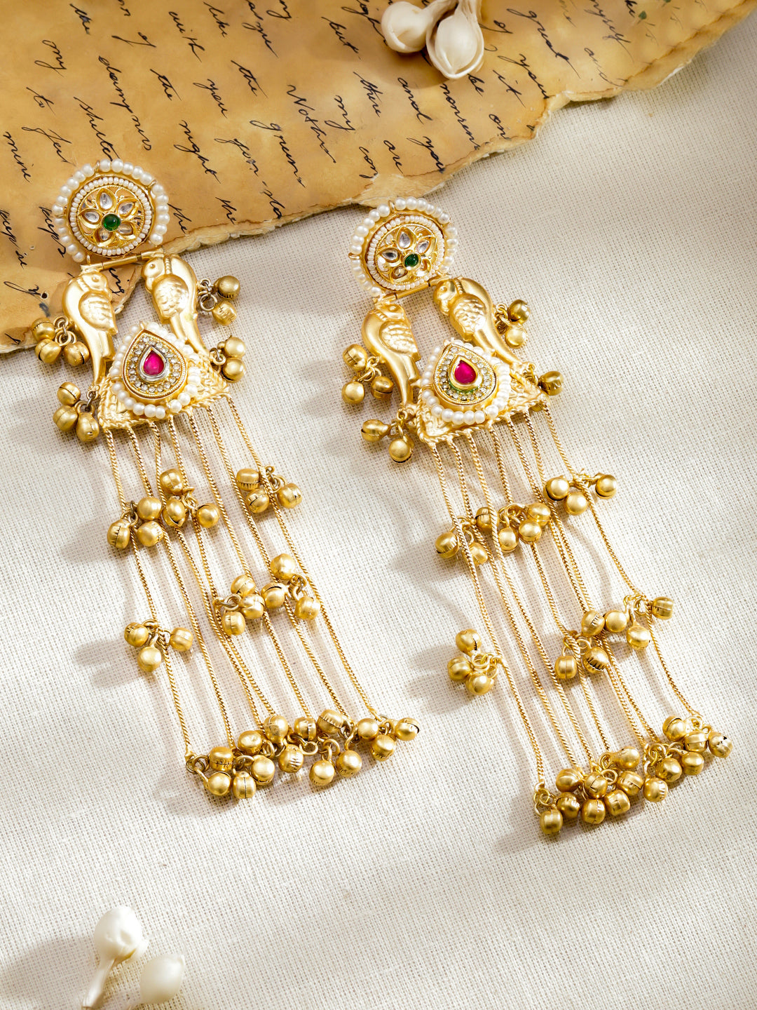 Bird Motif Gold Beaded Kashmiri Dangler Earrings フリーサイズ