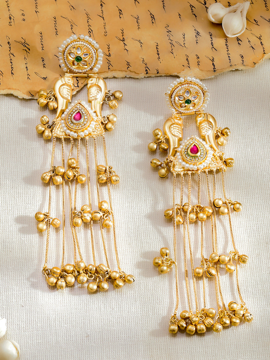 Bird Motif Gold Beaded Kashmiri Dangler Earrings フリーサイズ