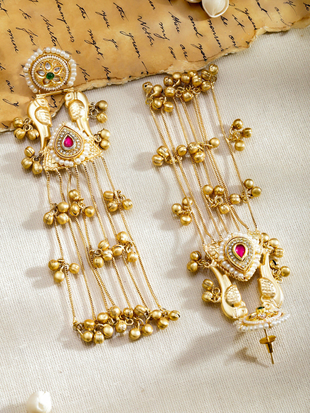 Bird Motif Gold Beaded Kashmiri Dangler Earrings フリーサイズ