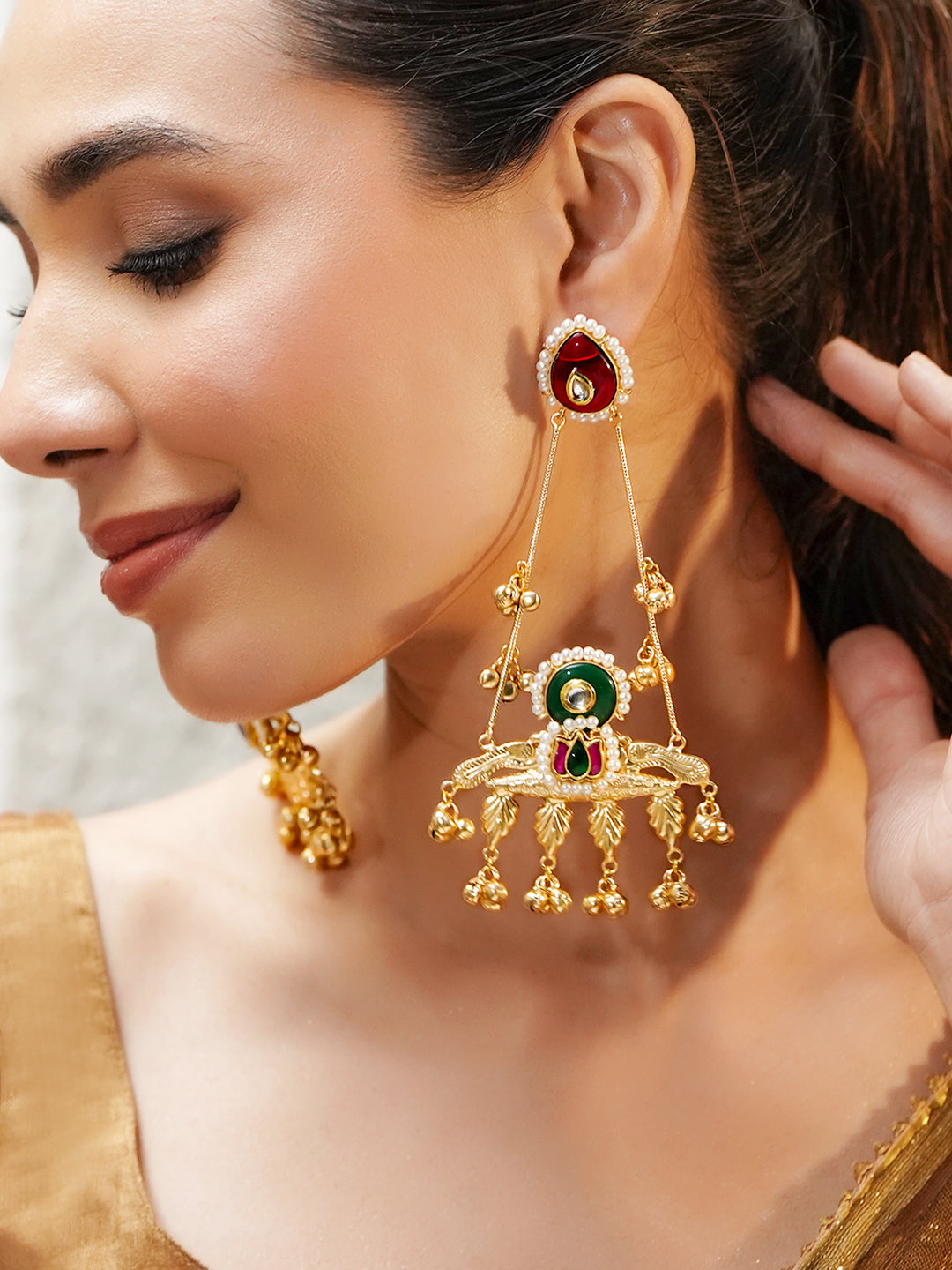 Pink & Green Kashmiri Dangle Earrings フリーサイズ