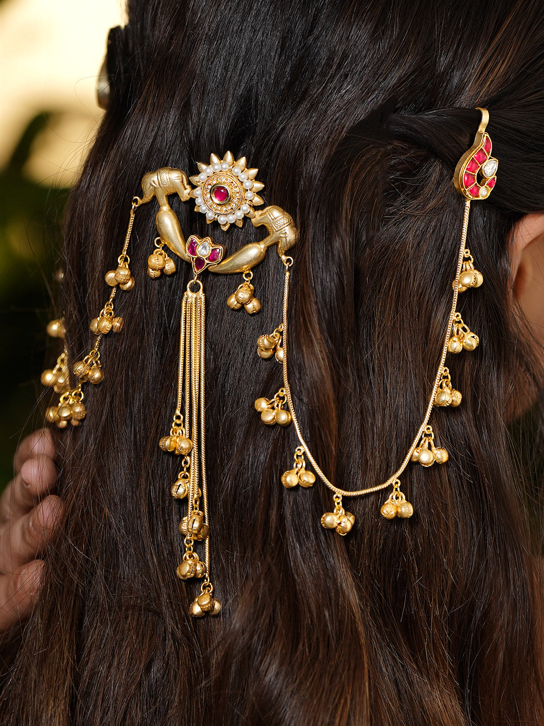 Elephant Motif Gold Beaded Kashmiri Dangler Earrings フリーサイズ