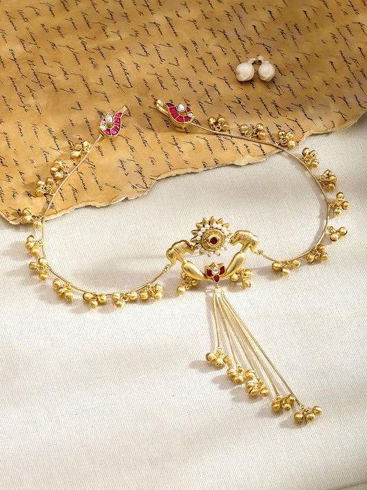 Elephant Motif Gold Beaded Kashmiri Dangler Earrings フリーサイズ