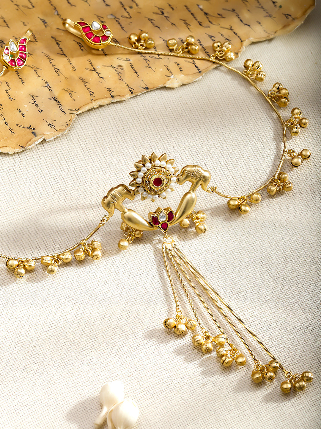Elephant Motif Gold Beaded Kashmiri Dangler Earrings フリーサイズ