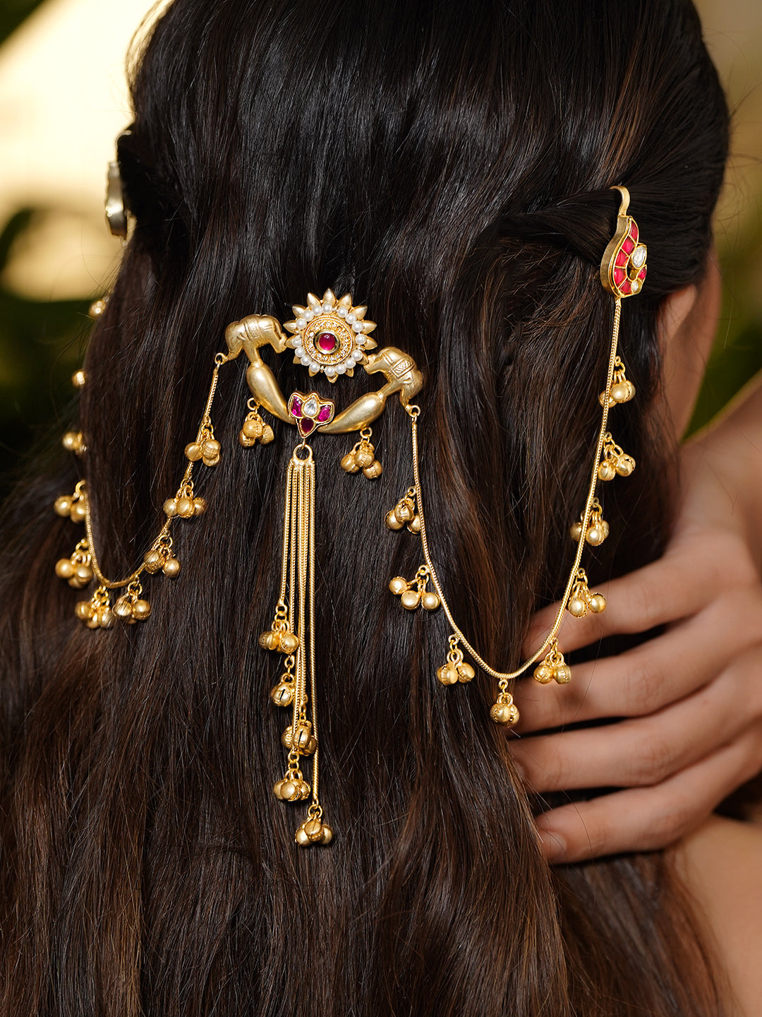 Elephant Motif Gold Beaded Kashmiri Dangler Earrings フリーサイズ