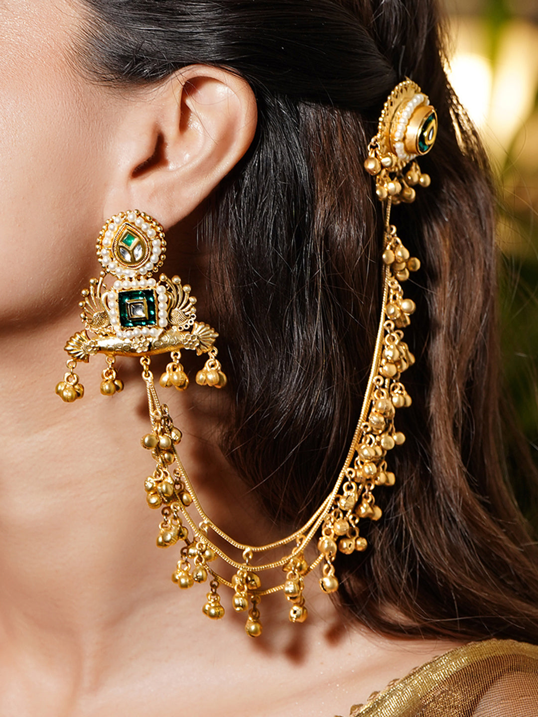 Gold Beaded Green Studded Kashmiri Kaan Chain フリーサイズ