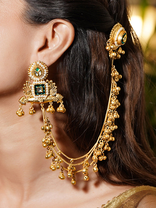 Gold Beaded Green Studded Kashmiri Kaan Chain フリーサイズ