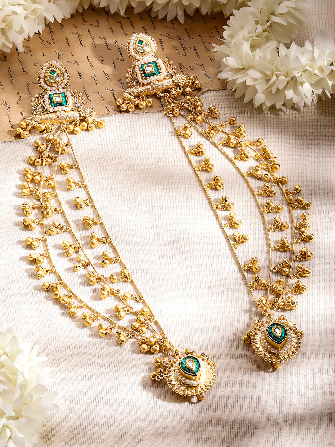Gold Beaded Green Studded Kashmiri Kaan Chain フリーサイズ