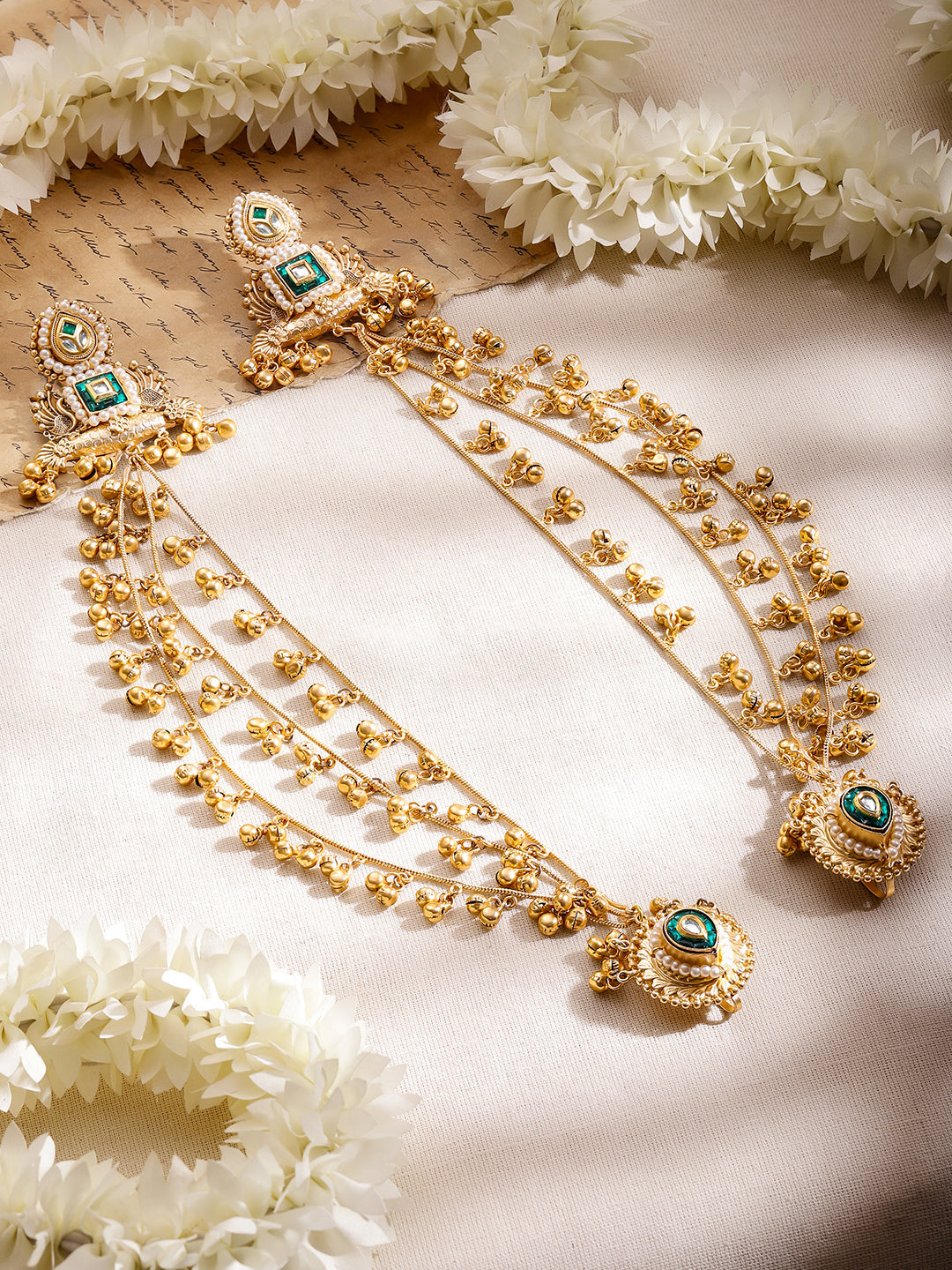 Gold Beaded Green Studded Kashmiri Kaan Chain フリーサイズ