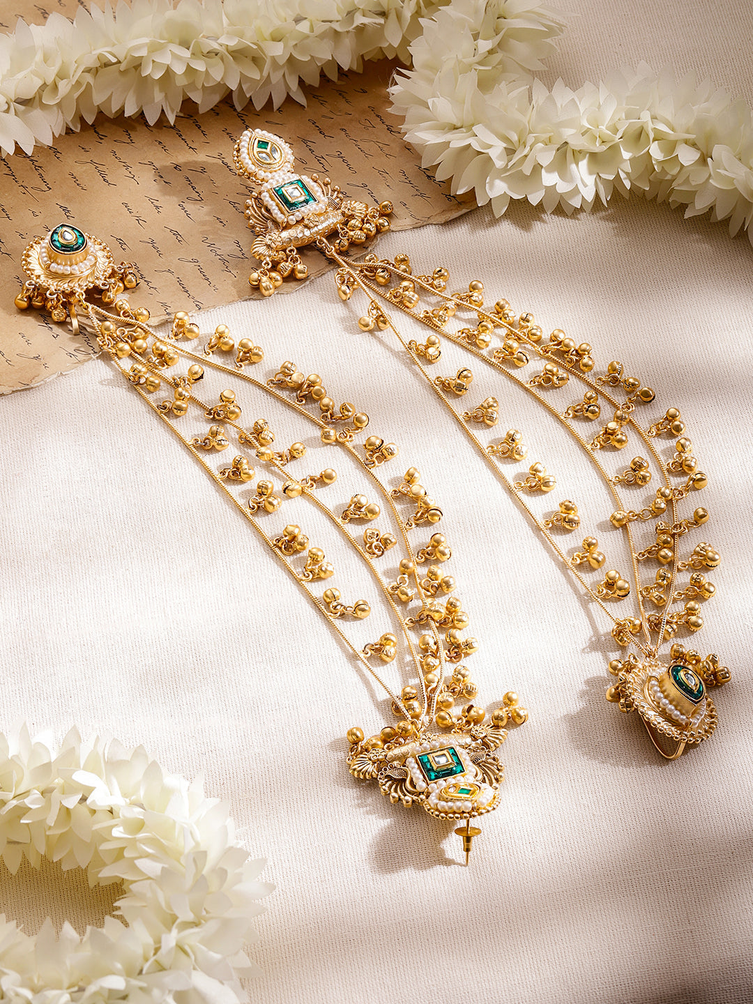 Gold Beaded Green Studded Kashmiri Kaan Chain フリーサイズ