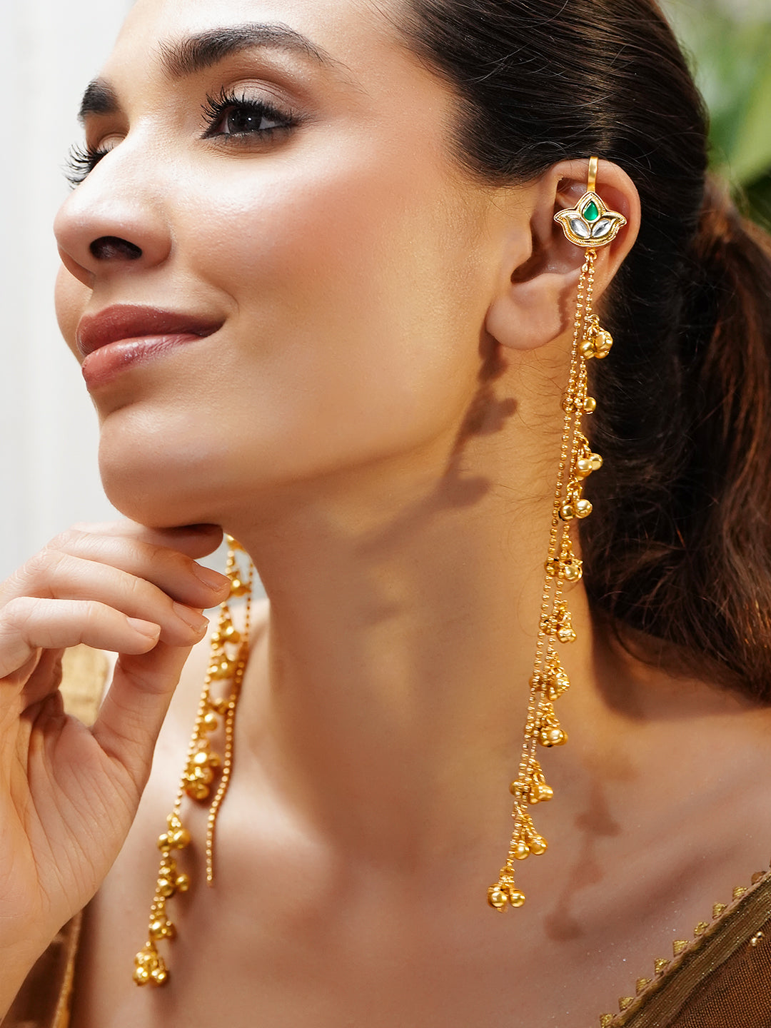 Long Gold Beaded Kashmiri Dangler Earrings フリーサイズ