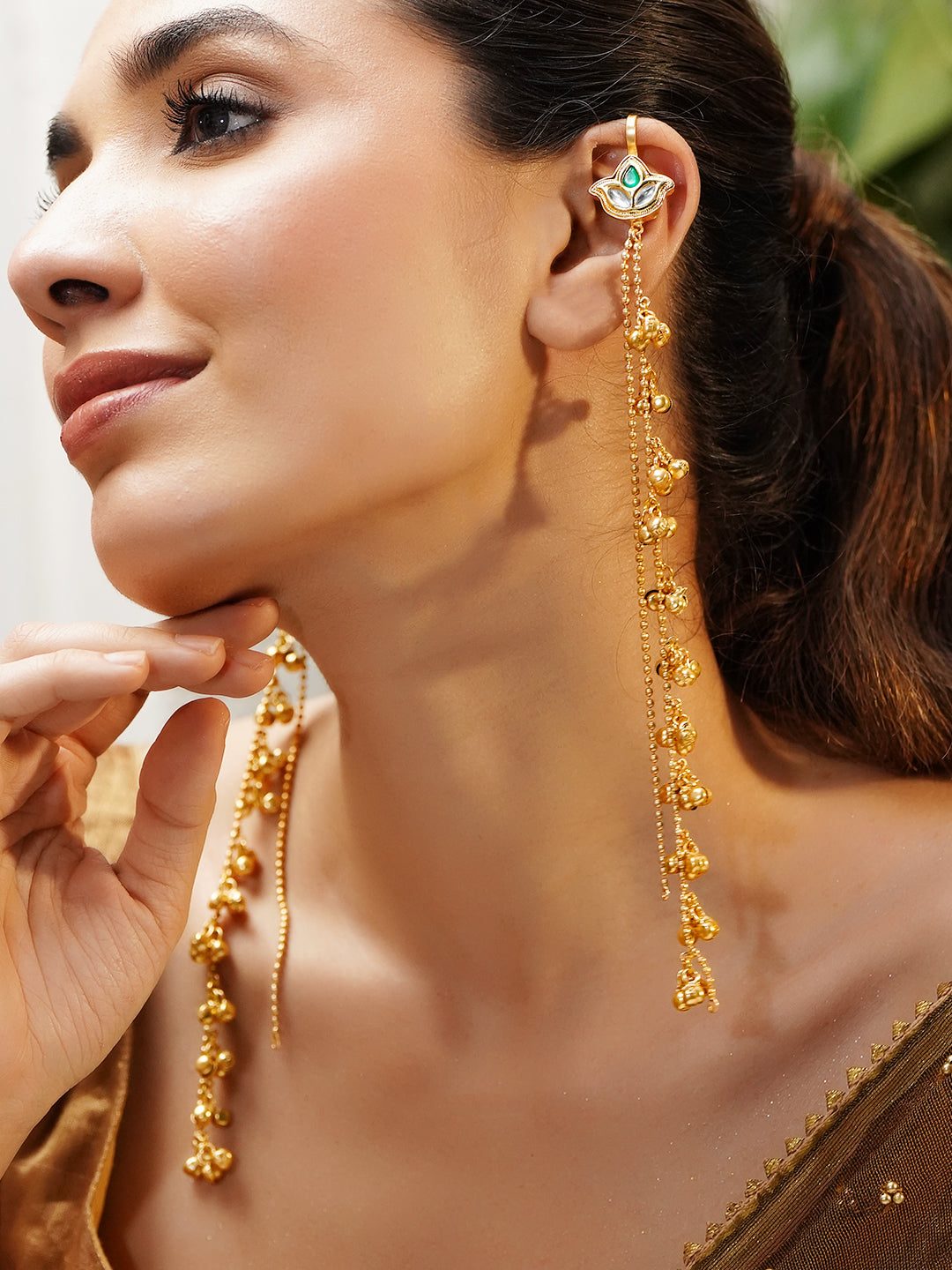 Long Gold Beaded Kashmiri Dangler Earrings フリーサイズ