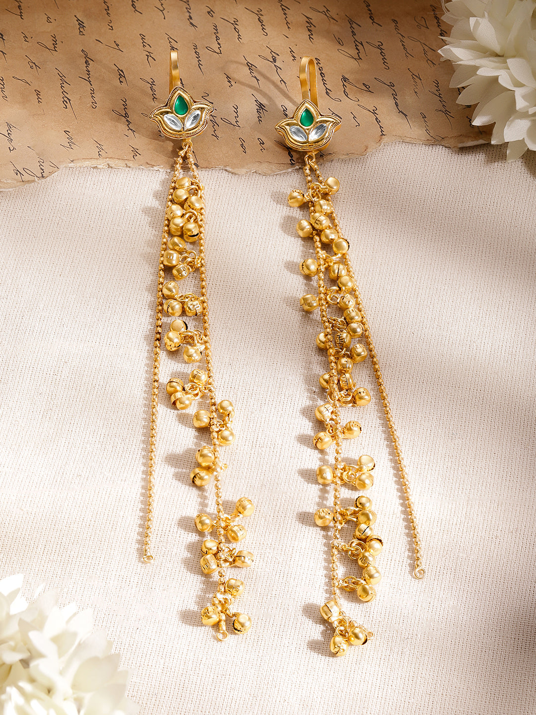 Long Gold Beaded Kashmiri Dangler Earrings フリーサイズ