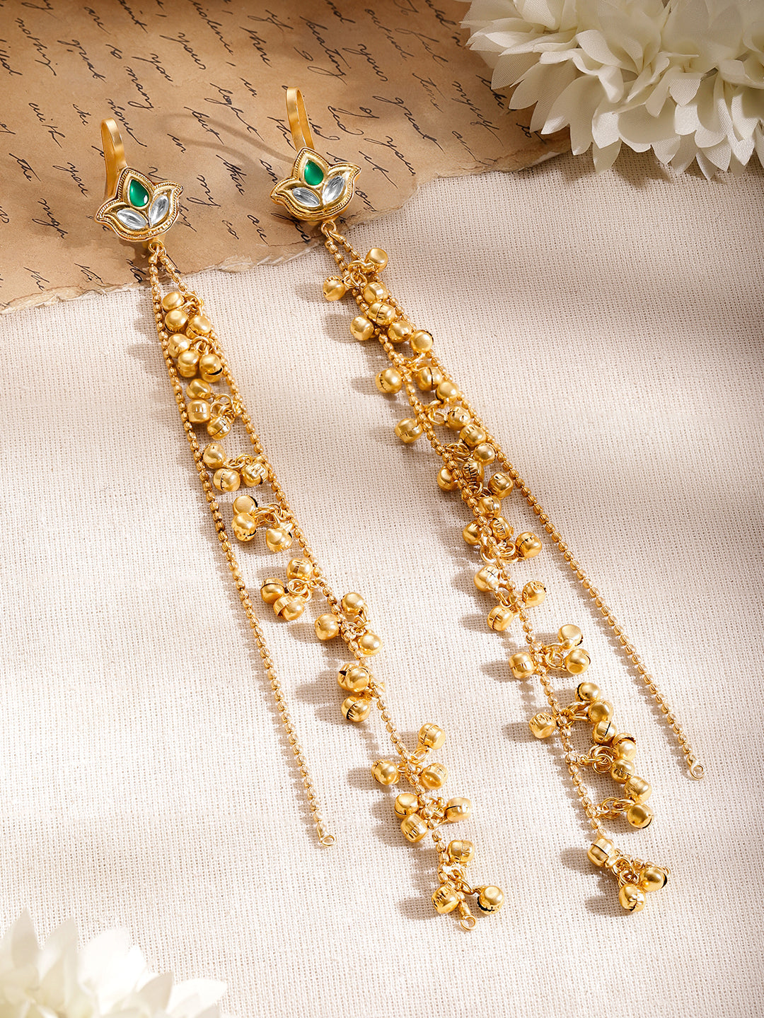 Long Gold Beaded Kashmiri Dangler Earrings フリーサイズ