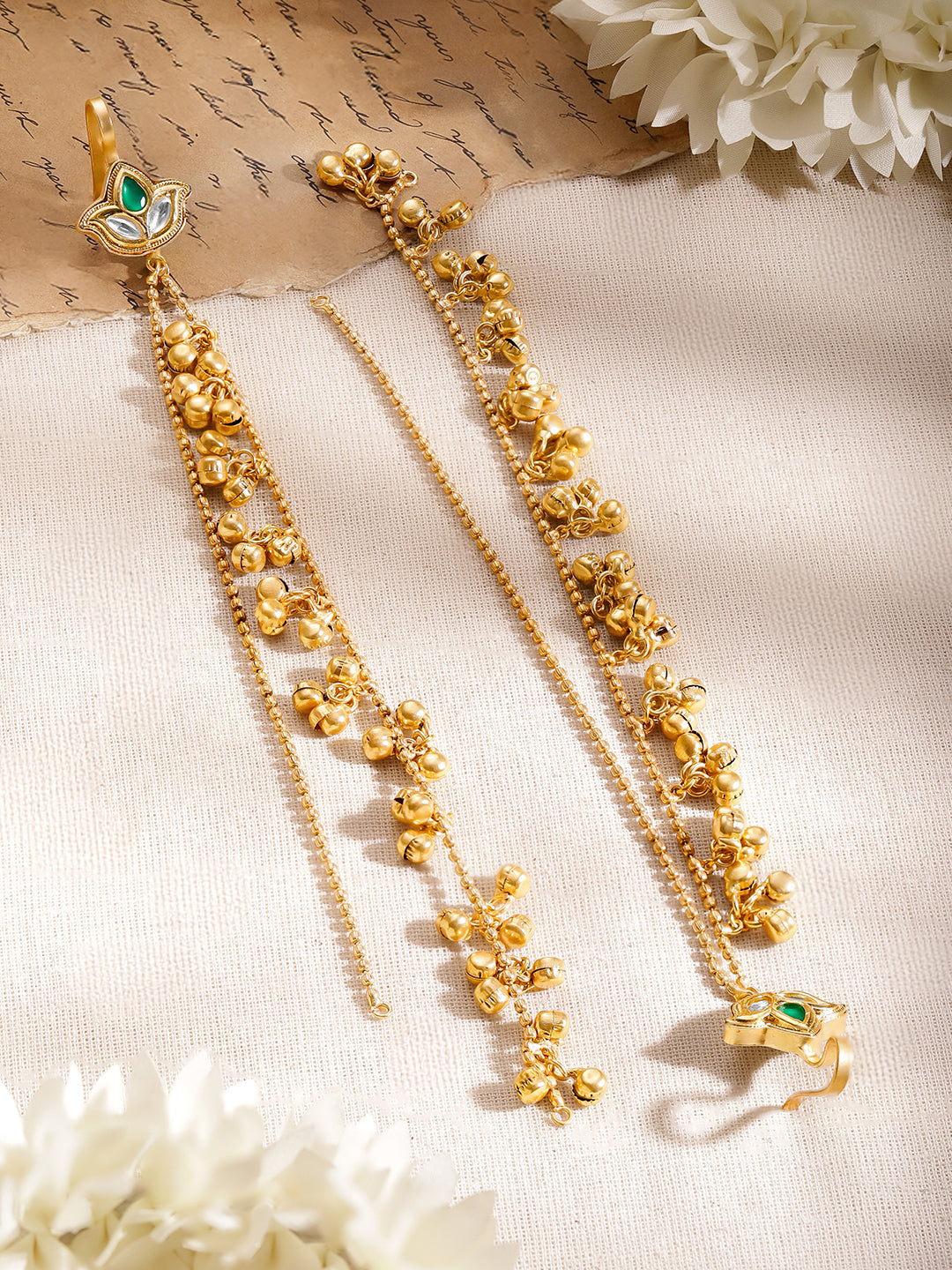 Long Gold Beaded Kashmiri Dangler Earrings フリーサイズ