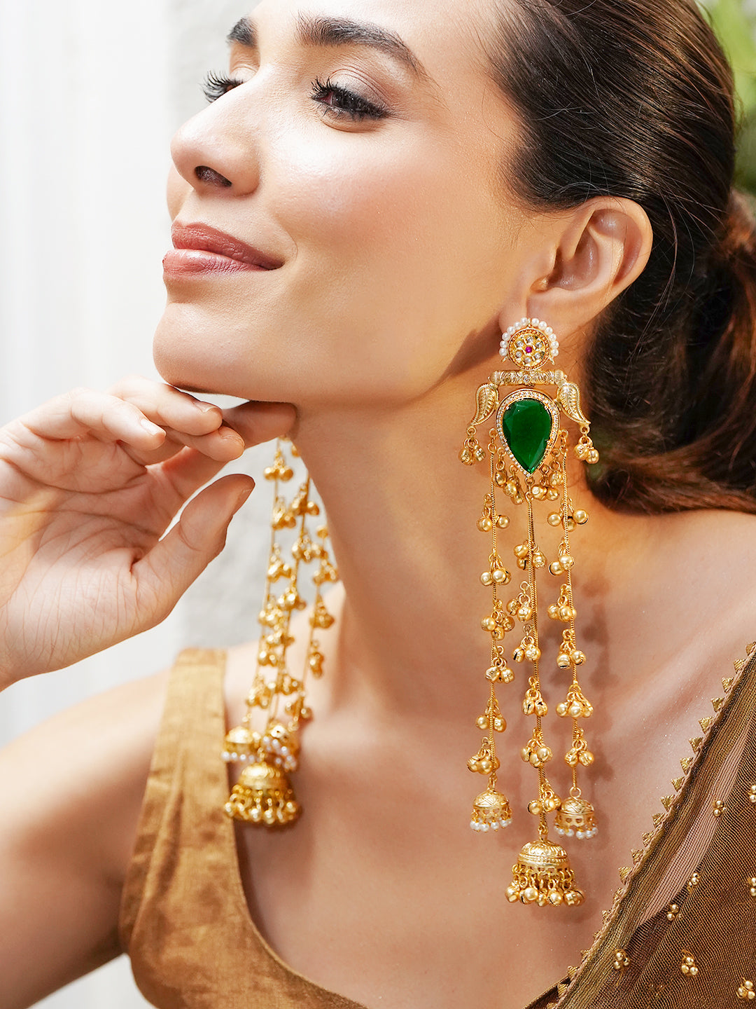 Green Studded Gold Beaded Kashmiri Dangler Earrings フリーサイズ