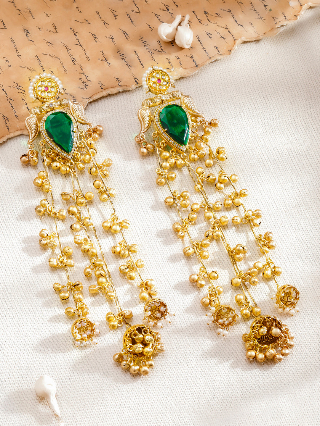 Green Studded Gold Beaded Kashmiri Dangler Earrings フリーサイズ