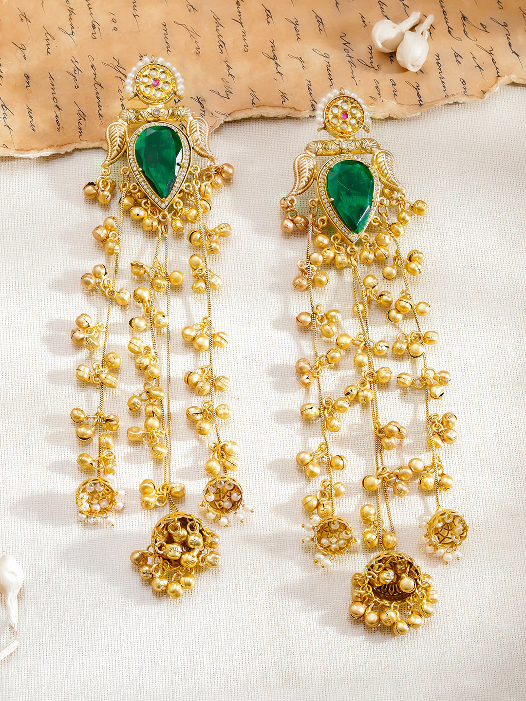 Green Studded Gold Beaded Kashmiri Dangler Earrings フリーサイズ
