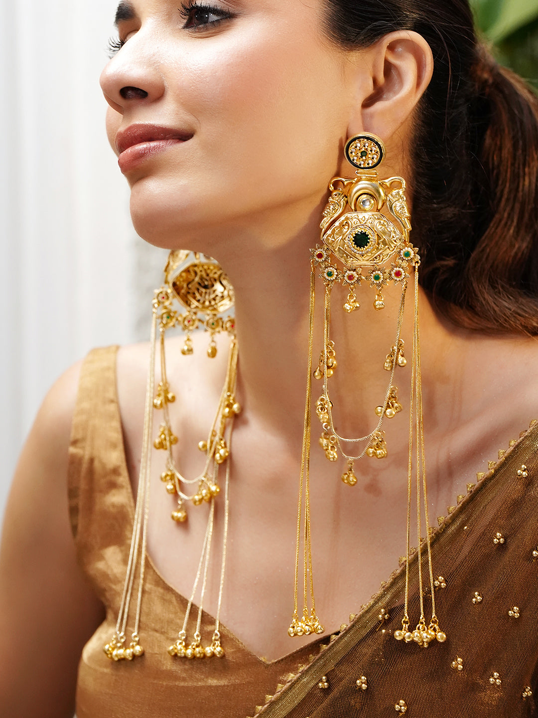 Floral Pink & Green Bird Motif Gold Kashmiri Earrings フリーサイズ