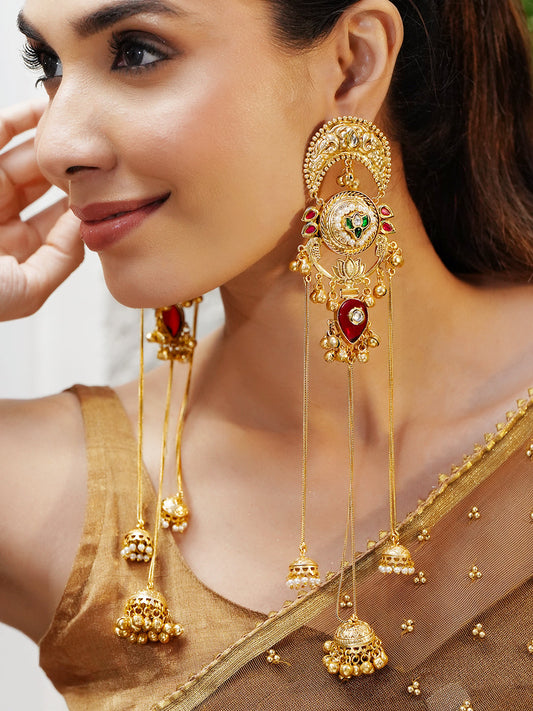 Floral Red & Green Kashmiri Dangler Jhumkas フリーサイズ