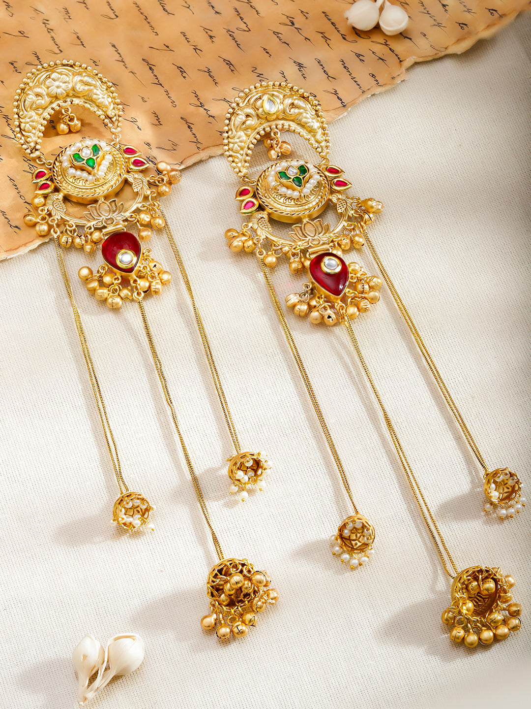 Floral Red & Green Kashmiri Dangler Jhumkas フリーサイズ