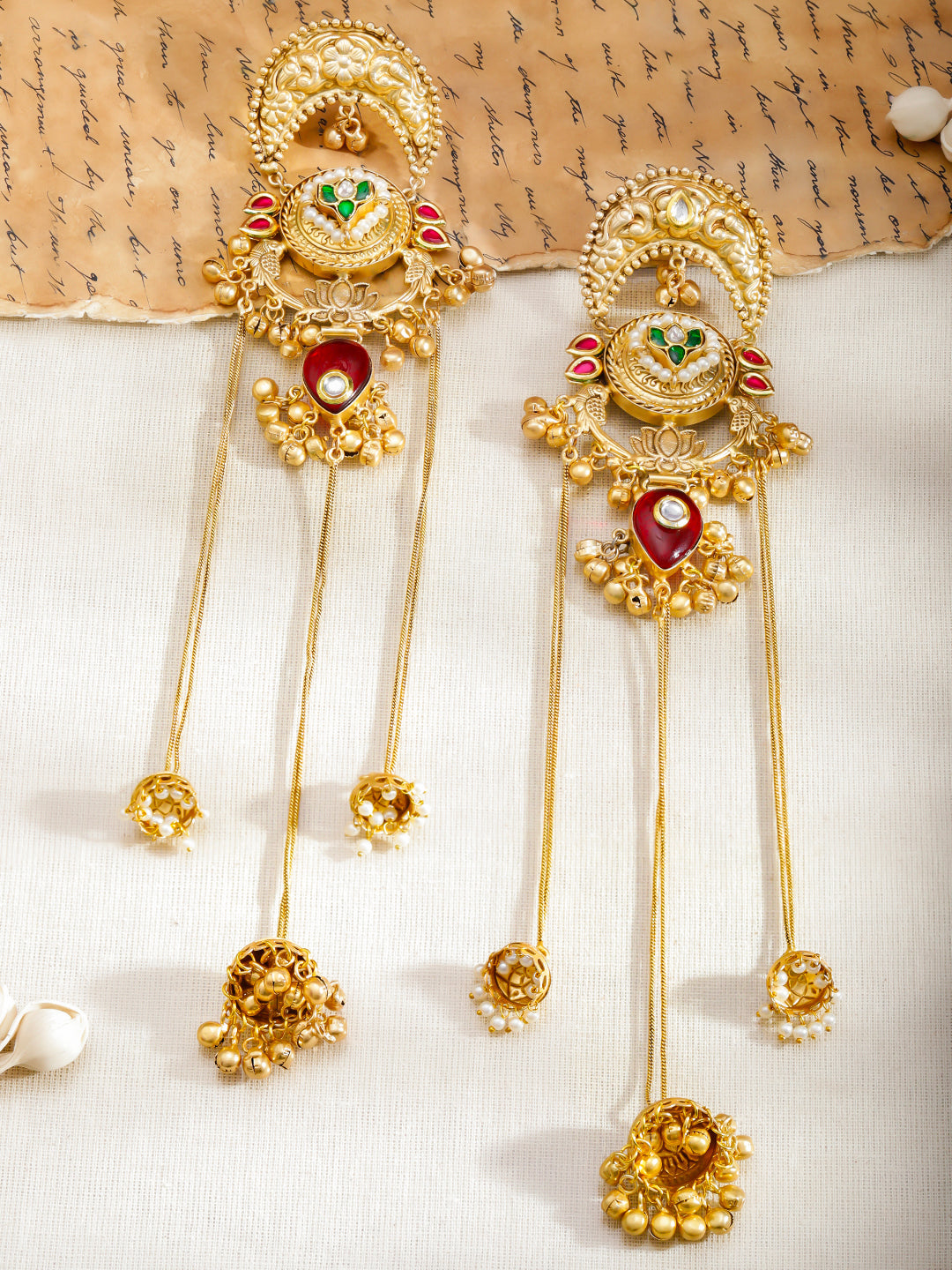 Floral Red & Green Kashmiri Dangler Jhumkas フリーサイズ