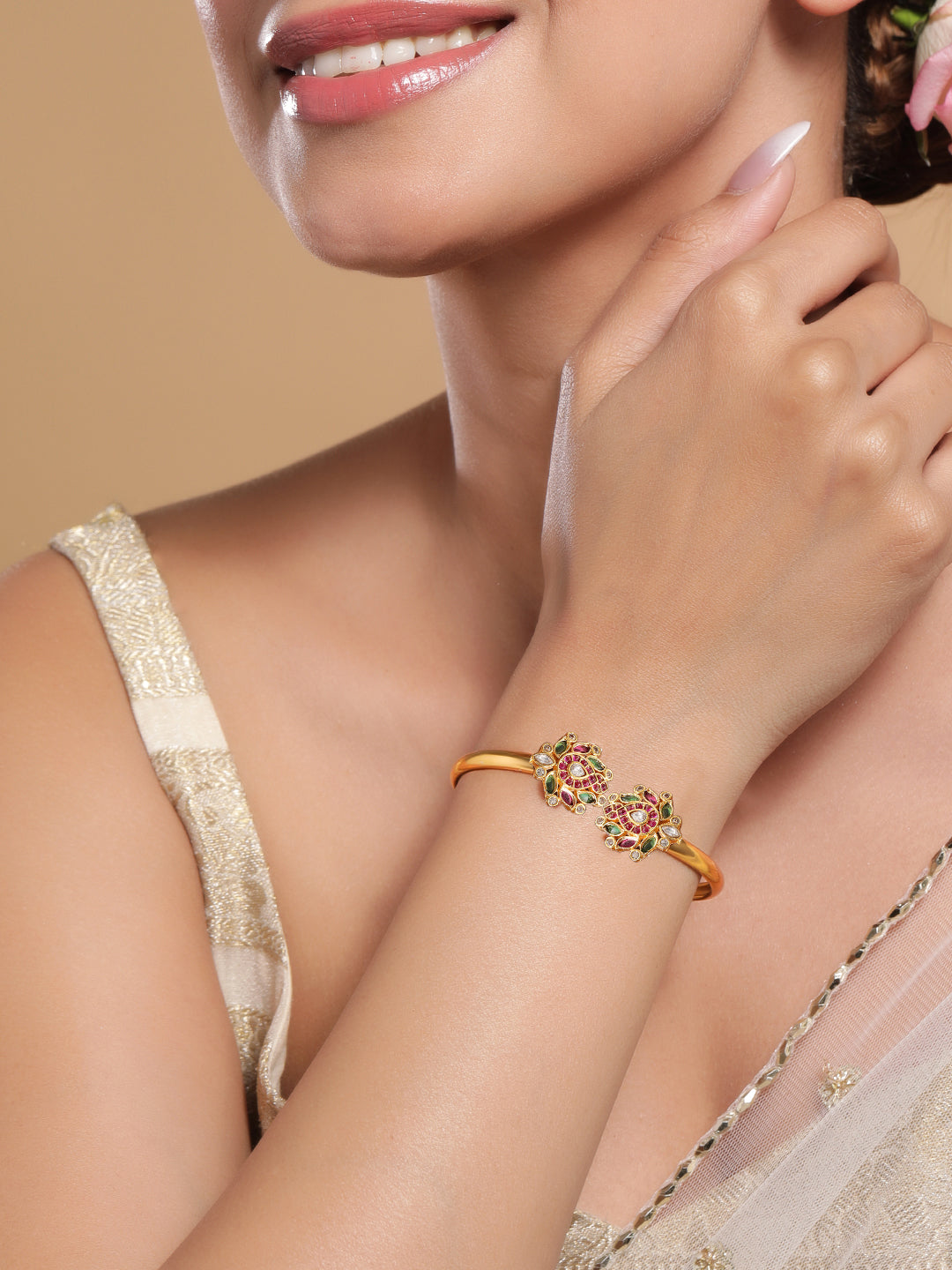 Rubans 18K Gold-Plated Ruby Kundan Studded Openable Bangle Green & Pink