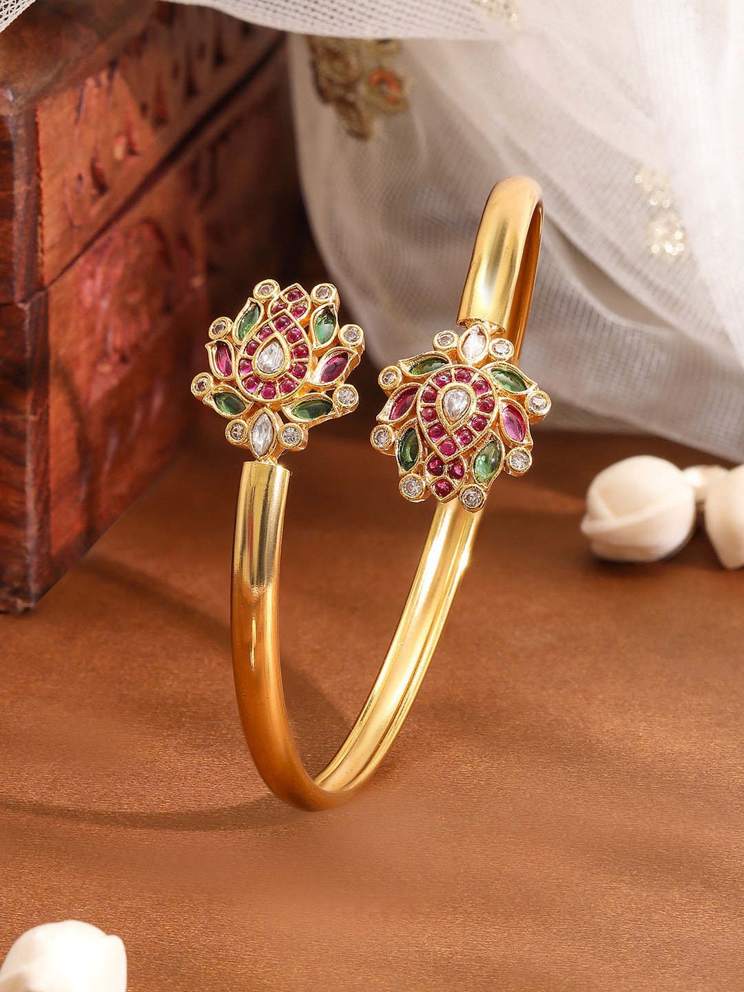 Rubans 18K Gold-Plated Ruby Kundan Studded Openable Bangle Multicolor