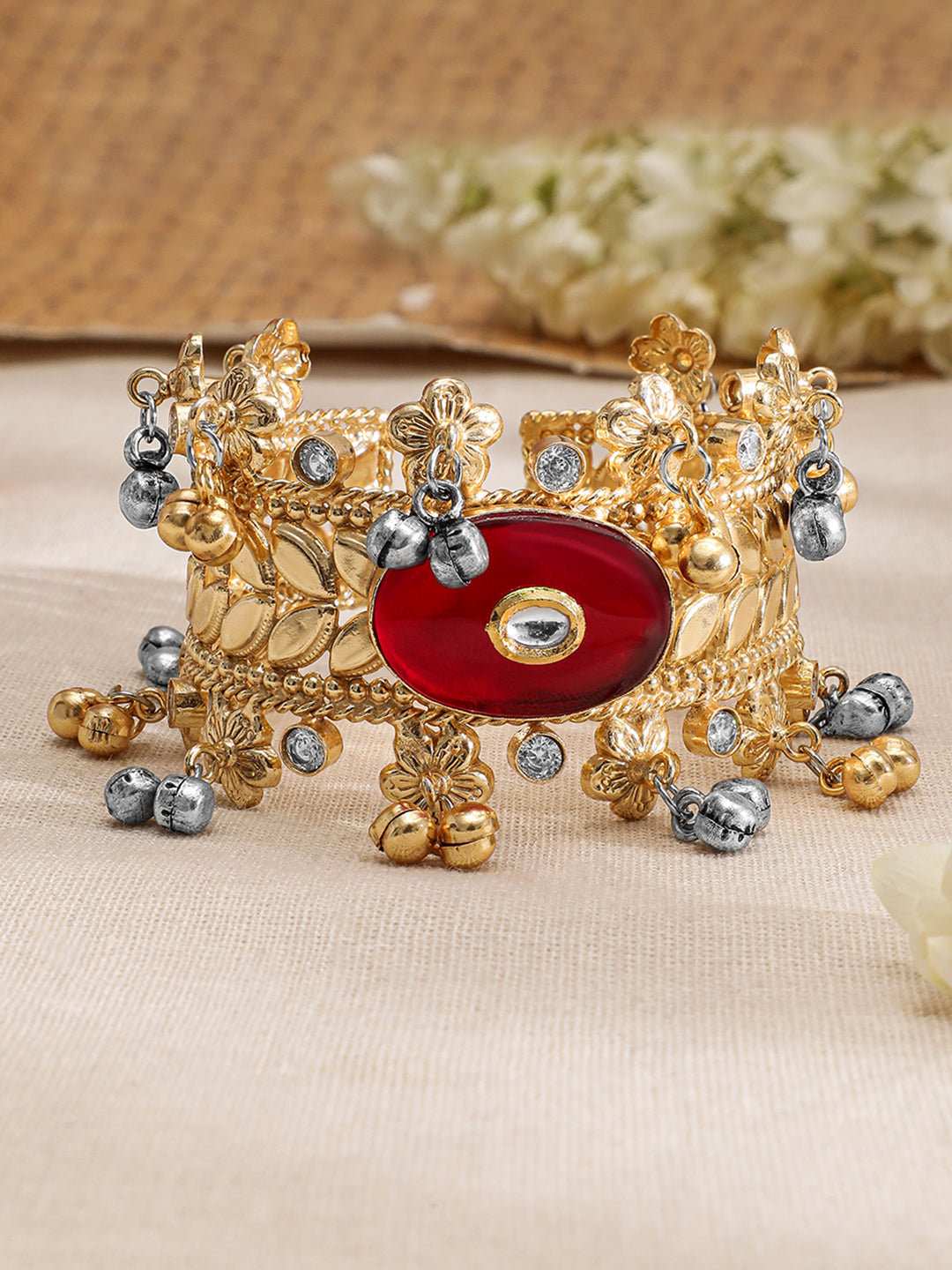 Rubans 22KT Gold-Plated Stone Studded Floral Design Cuff Bracelet Gold