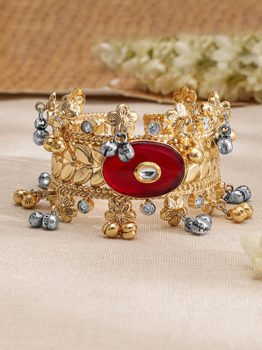 Rubans 22KT Gold-Plated Stone Studded Floral Design Cuff Bracelet Gold