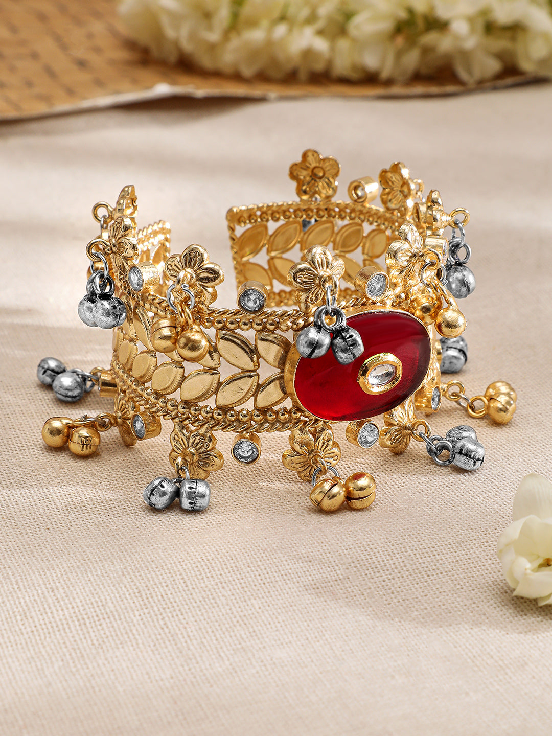Rubans 22KT Gold-Plated Stone Studded Floral Design Cuff Bracelet Gold