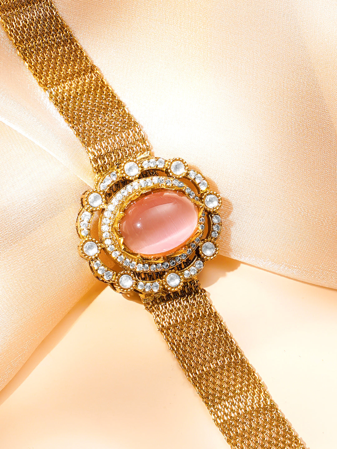 Elegant Pink Gemstone Mesh Statement Bracelet フリーサイズ