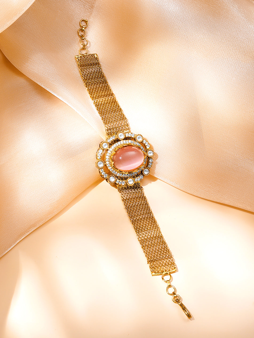 Elegant Pink Gemstone Mesh Statement Bracelet フリーサイズ