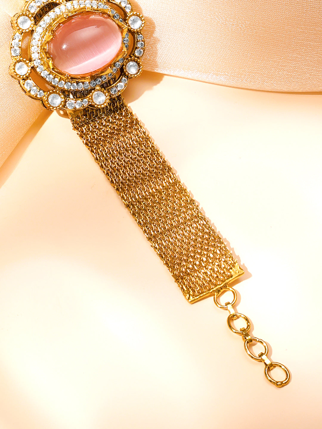 Elegant Pink Gemstone Mesh Statement Bracelet フリーサイズ