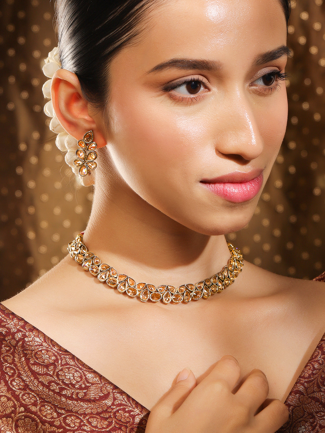 Rubans Gold-Plated Indian Traditional Kundan Necklace Set Gold