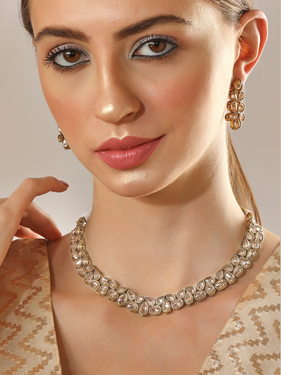Rubans Gold-Plated Indian Traditional Kundan Necklace Set Gold
