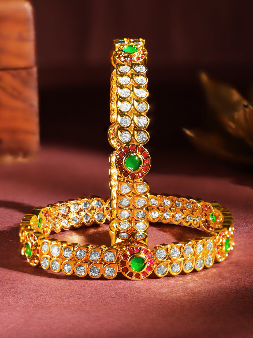 Rubans Set Of 2, 24K Gold Plated Red & Green Zircons Bangles Gold / 2.4