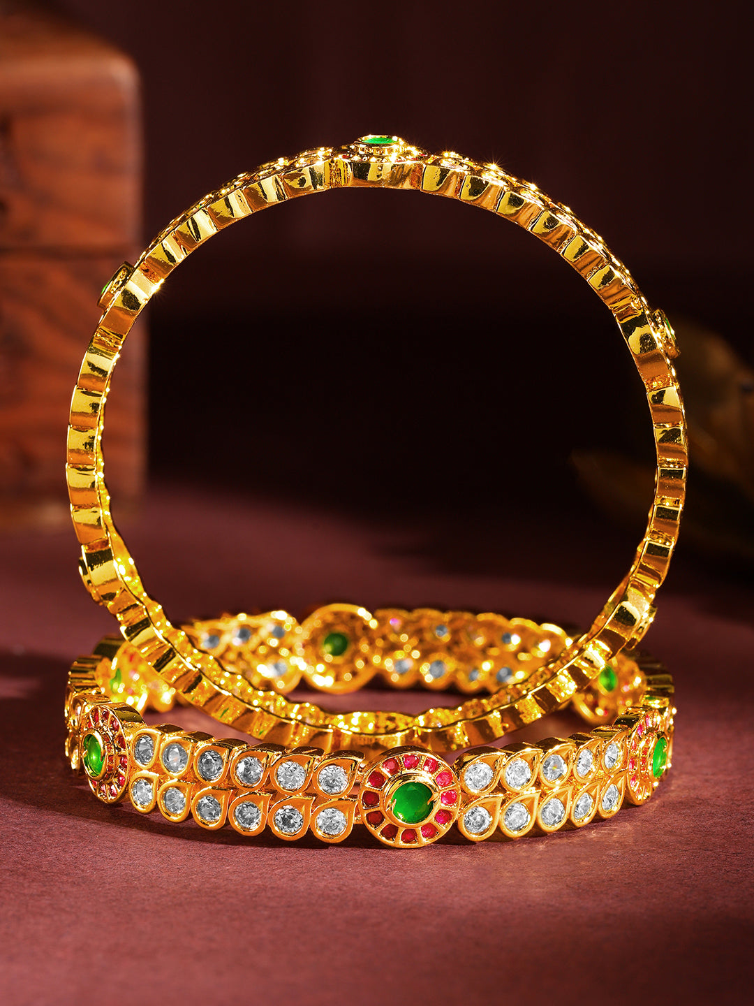 Rubans Set Of 2, 24K Gold Plated Red & Green Zircons Bangles Gold / 2.4