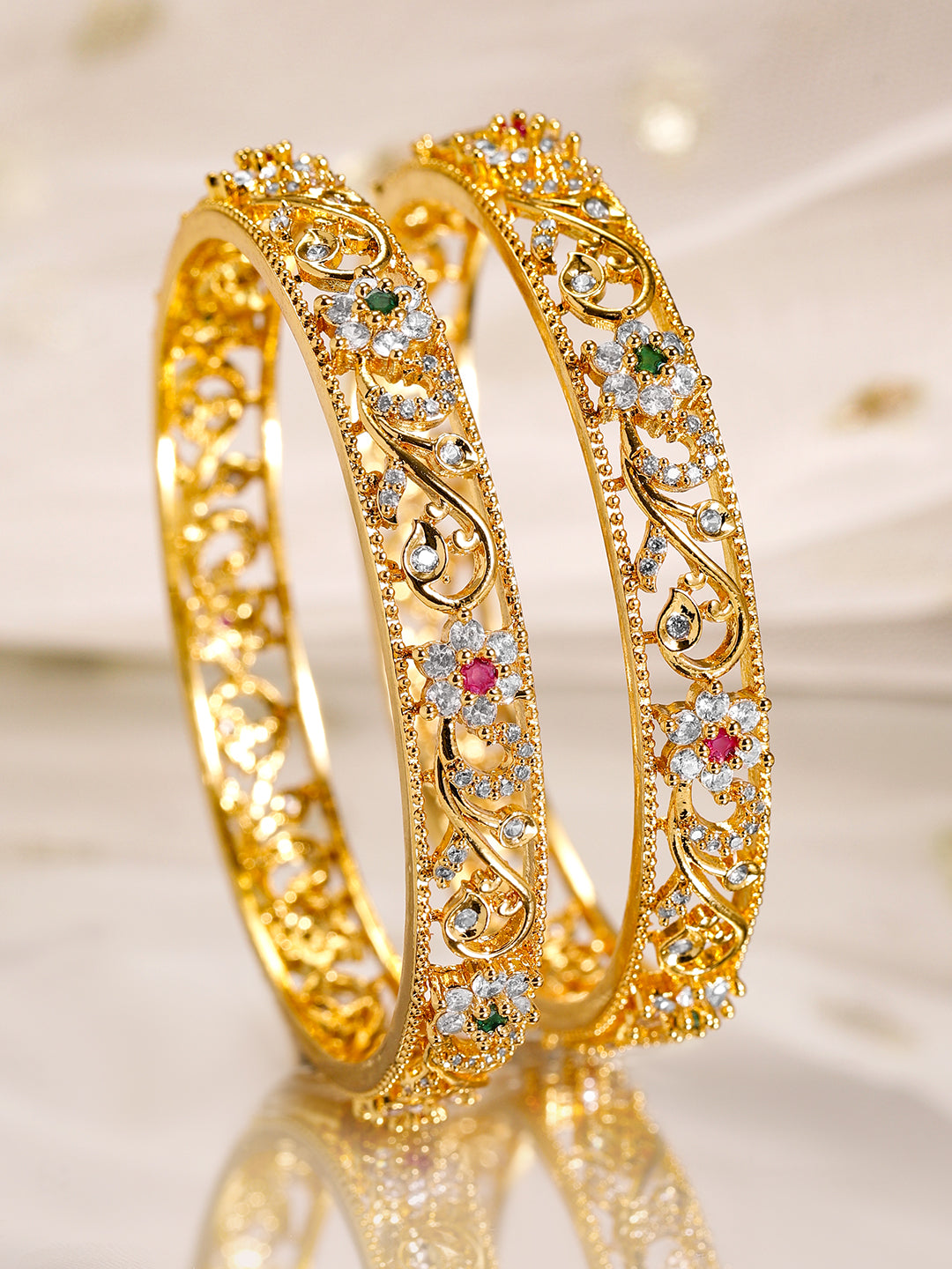 Rubans Set of 2, 22K Gold-Plated Ruby, Emerald & Cubic Zirconia Studded Handcrafted Bangles 2.4 - Small