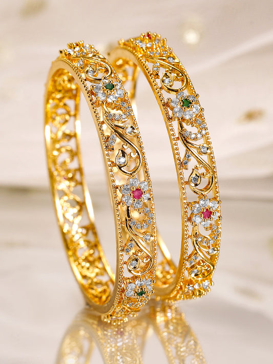 Rubans Set of 2, 22K Gold-Plated Ruby, Emerald & Cubic Zirconia Studded Handcrafted Bangles 2.4 - Small