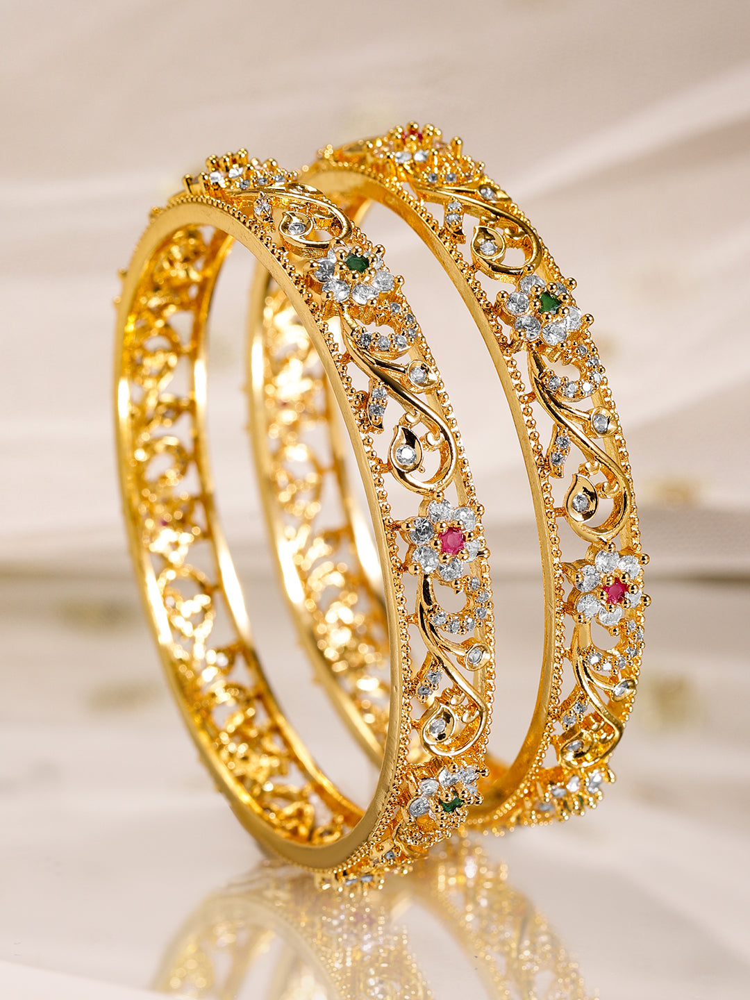 Rubans Set of 2, 22K Gold-Plated Ruby, Emerald & Cubic Zirconia Studded Handcrafted Bangles 2.4 - Small