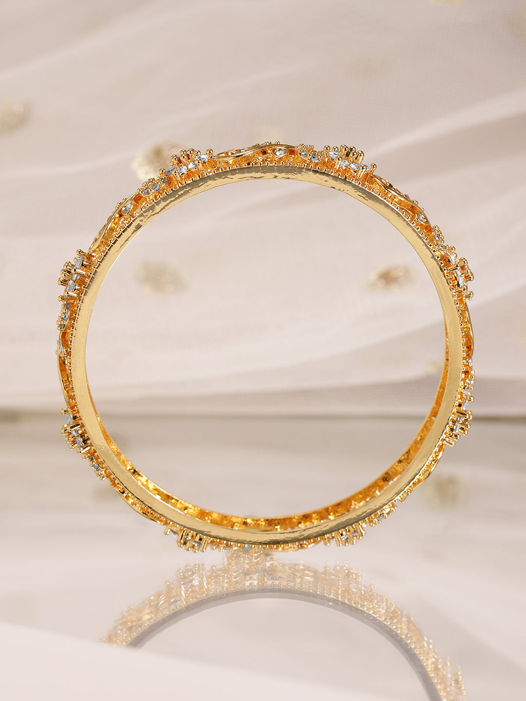 Rubans Set of 2, 22K Gold-Plated Ruby, Emerald & Cubic Zirconia Studded Handcrafted Bangles 2.4 - Small
