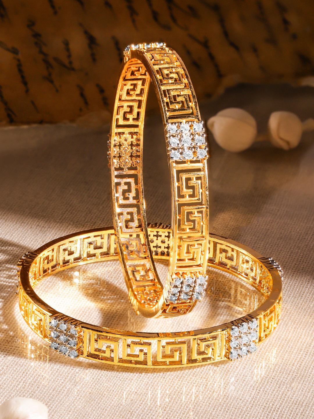 Rubans Set of 2, 22K Gold-Plated Greek Key Design & Cubic Zirconia Studded Handcrafted Bangles 2.4 - Small