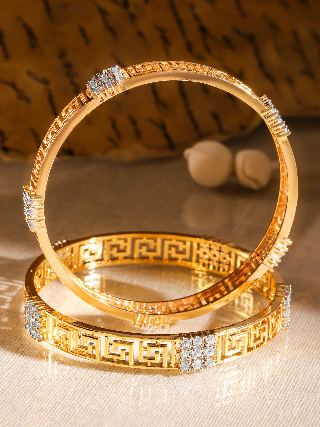 Rubans Set of 2, 22K Gold-Plated Greek Key Design & Cubic Zirconia Studded Handcrafted Bangles 2.4 - Small