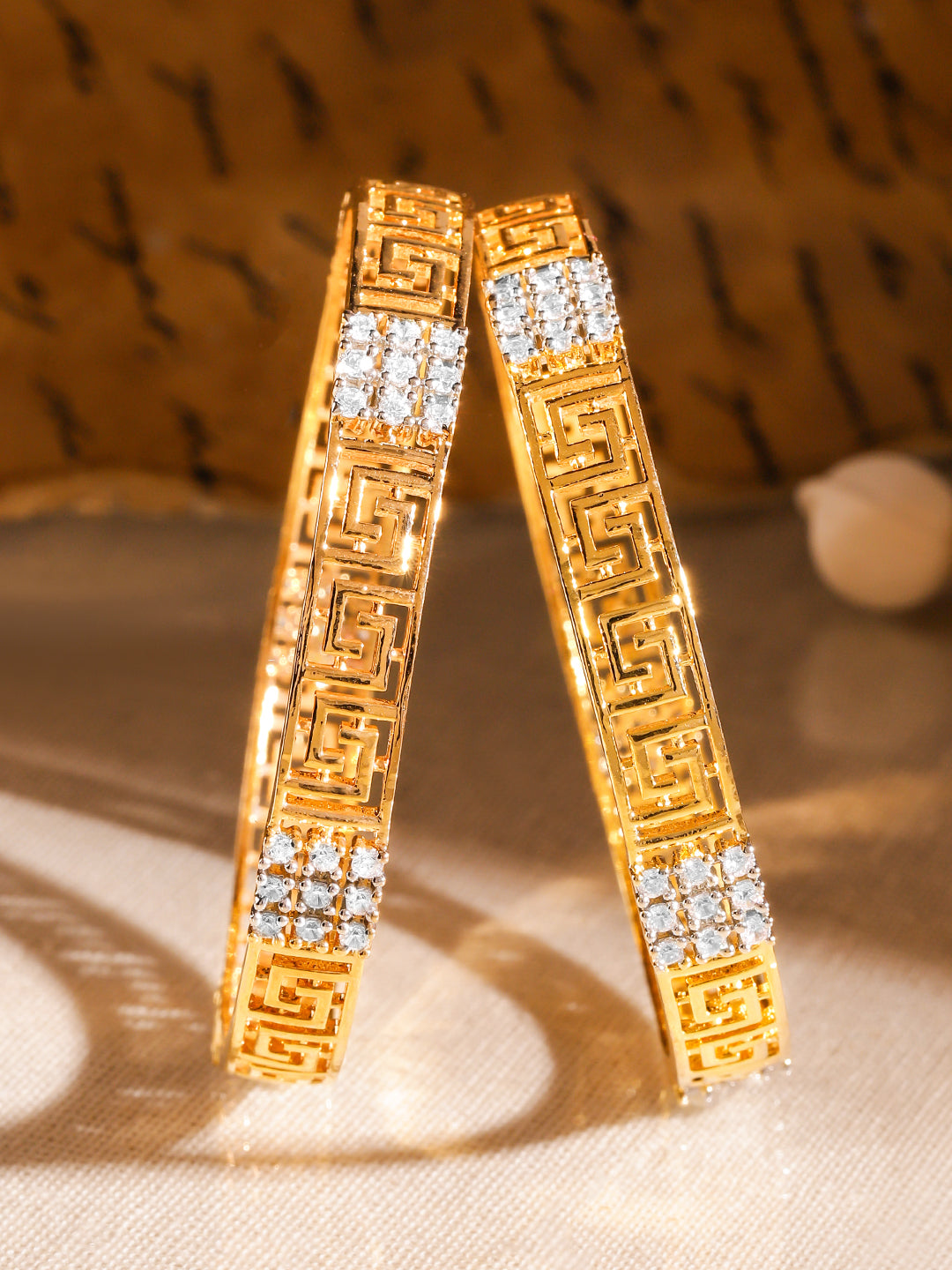 Rubans Set of 2, 22K Gold-Plated Greek Key Design & Cubic Zirconia Studded Handcrafted Bangles 2.4 - Small