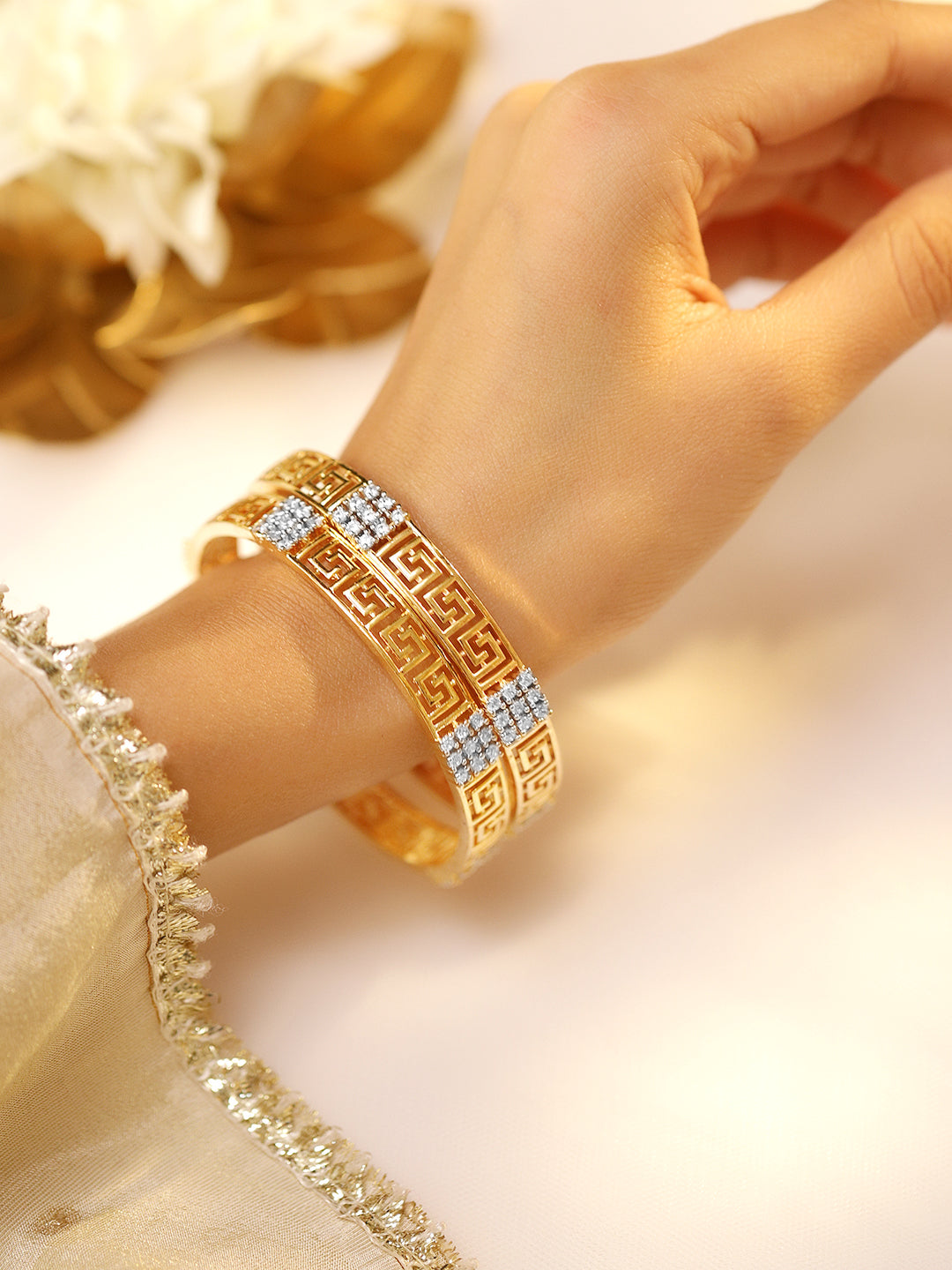 Rubans Set of 2, 22K Gold-Plated Greek Key Design & Cubic Zirconia Studded Handcrafted Bangles 2.8 - Large