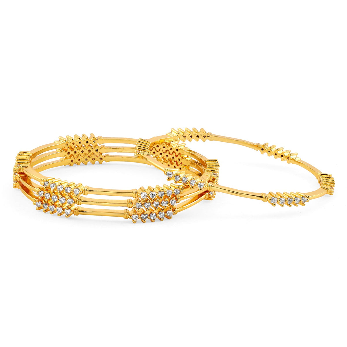 Rubans Set of 4, 22K Gold-Plated & White Cubic Zirconia Stone Studded Handcrafted Classic Bangles 2.4 - Small